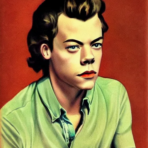 Image similar to “Harry Styles portrait, color vintage magazine illustration 1950”