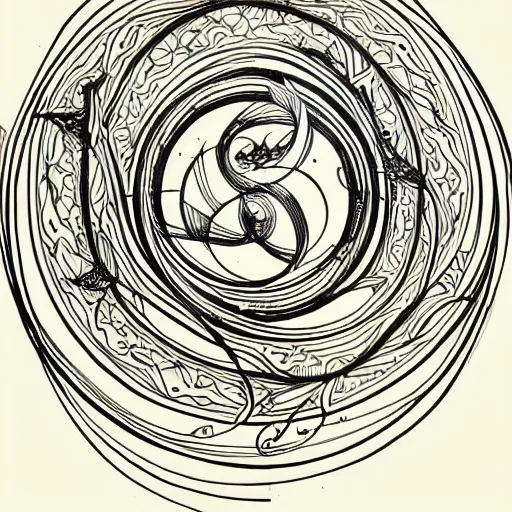 Image similar to an art nouveau tattoo design of birds flying in a simple spiral, ink, line art _ h 7 2 0