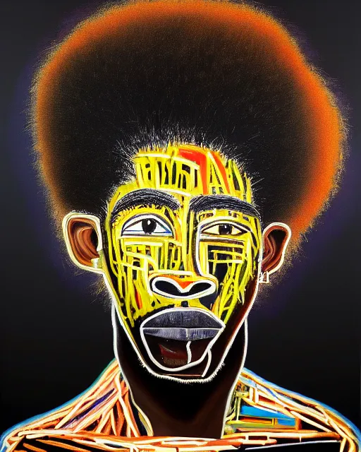 Prompt: A extremely ultra highly detailed majestic hi-res beautiful immaculate head and shoulders award winning painting stunning masterpiece of the face of a strong black african man with an afro by Jean-Michel Basquiat, 8k, high textures, ultra hyper sharp, insanely detailed and intricate, super detailed, 8k HDR ultra high quality