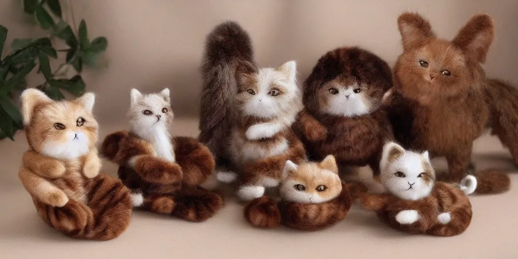 Image similar to 3 d precious moments plush cat with realistic fur sitting with precious moments hawthorned village porcelain figures, master painter and art style of john william waterhouse and caspar david friedrich and philipp otto runge