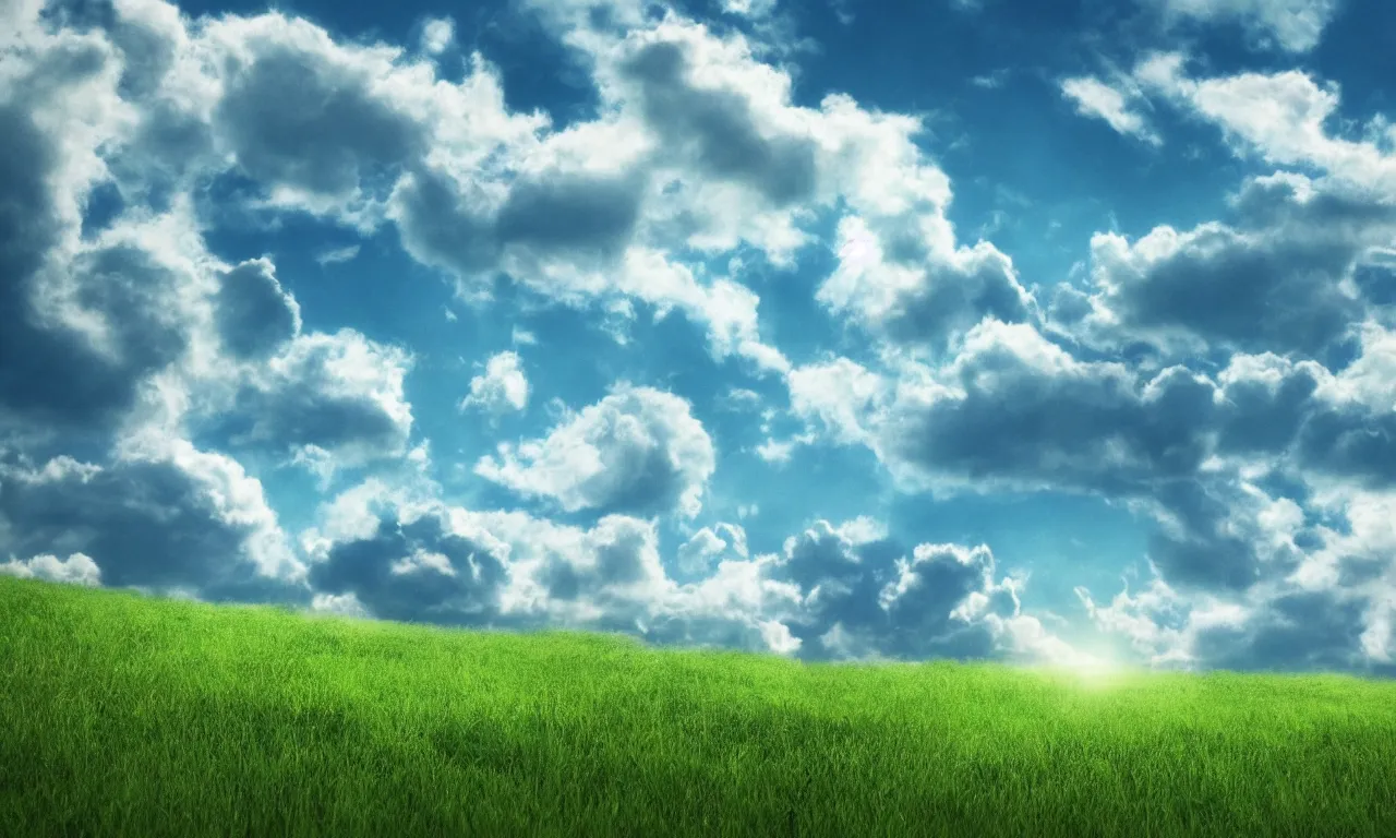 Prompt: green grassfield with a blue planet in clouds above it, cinematic perspective, daylight, blue sky, detailed, 4k, Artstation