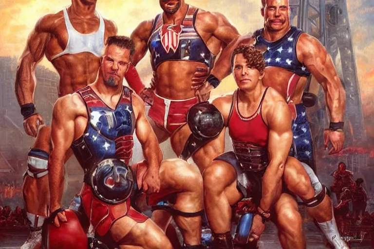 Prompt: portrait of american gladiators tv show assault, an oil painting by ross tran and thomas kincade