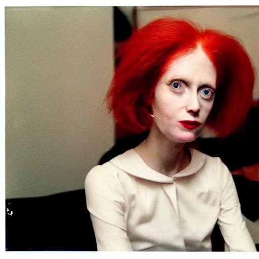 Image similar to Uptight tall, slender, pale, stringy red hair, big eyes, pancake makeup, bored English shipping heiress Folio Smythe at party for the Financial Times, 35mm photo, 1975