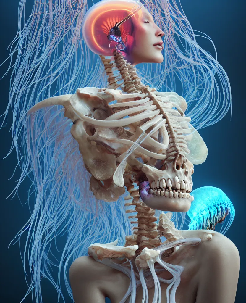 Image similar to goddess close - up portrait human skeleton, ram skull, jellyfish, orchid, betta fish, bioluminiscent, intricate artwork by tooth wu and wlop and beeple. octane render, trending on artstation, greg rutkowski very coherent symmetrical artwork. cinematic, hyper realism, high detail, octane render, 8 k