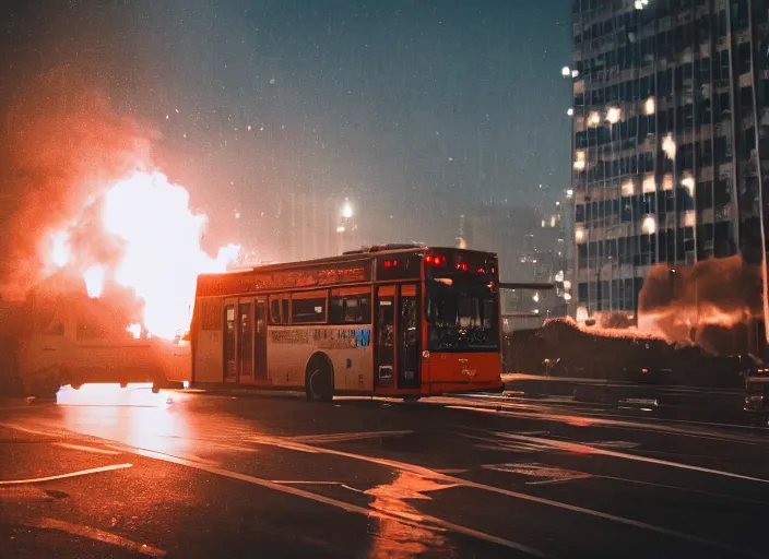 Image similar to a 3 5 mm photo of a city bus on fire, splash art, movie still, bokeh, canon 5 0 mm, cinematic lighting, dramatic, film, photography, golden hour, depth of field, award - winning, anamorphic lens flare, 8 k, hyper detailed, 3 5 mm film grain