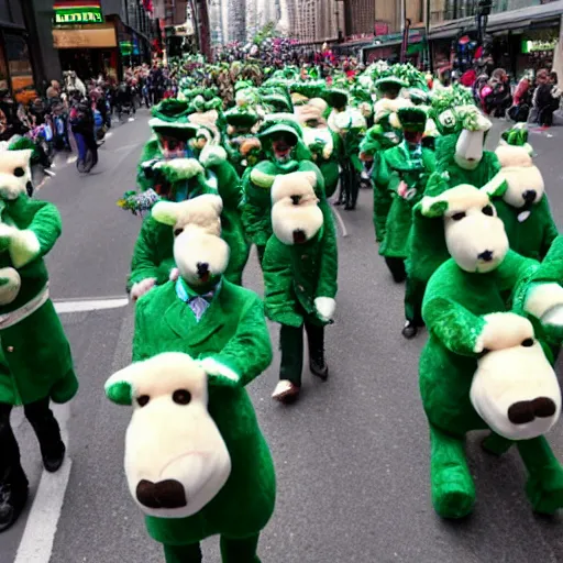 Image similar to a parade of stuffed animals marching down 5 th ave manhattan on st. patrick's day, 8 k, photo realistic, extremely life like