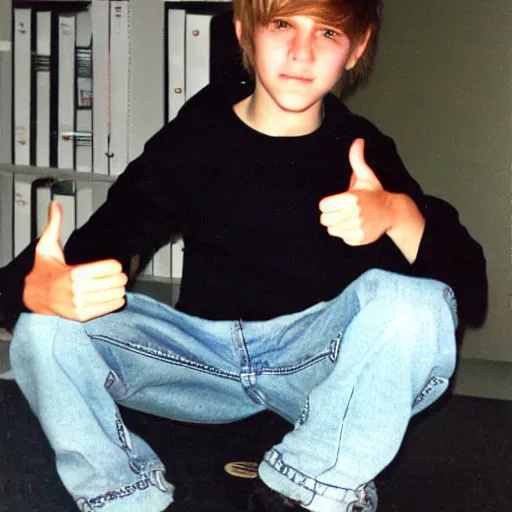 Image similar to 2 0 0 1, edgy 1 2 year old boy, frosted tips, y 2 k fashion, baggy jeans, og xbox on shelf, thumbs up