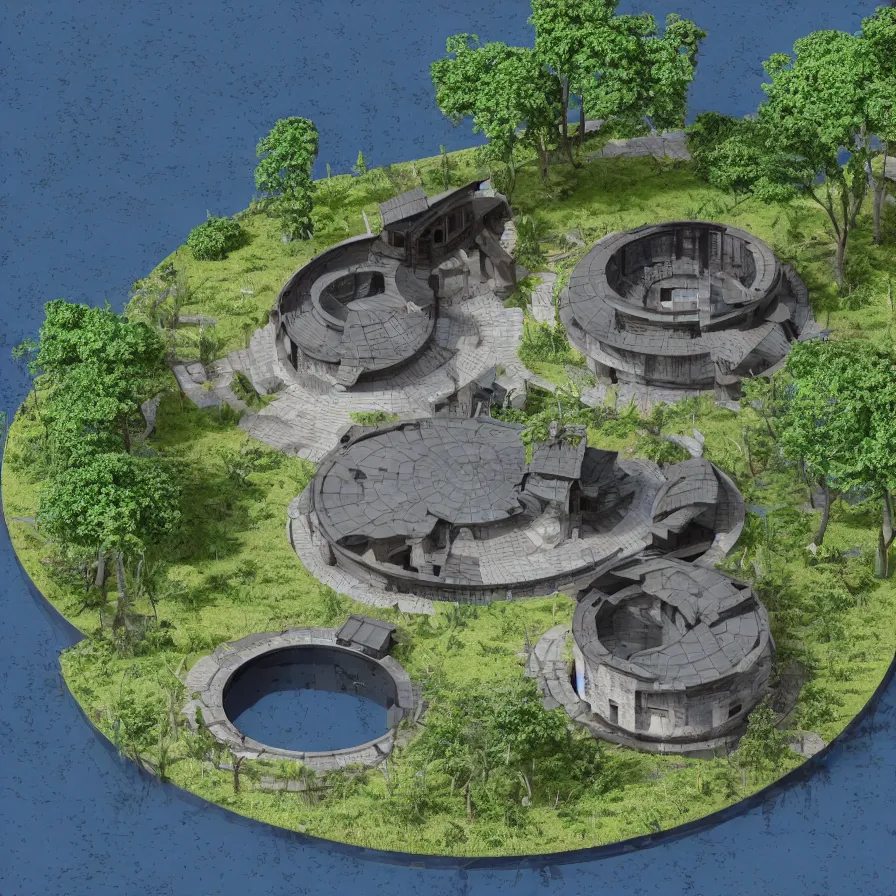 Image similar to architectural model, isometric view, 3 d render, studio lighting, low contrast, dark background, highly detailed, a circular house with circular courtyards floating on water at the edge of a lake, tree