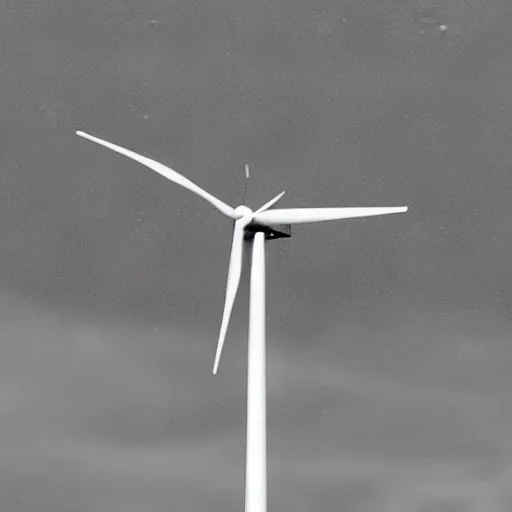 Prompt: a robot made out of modern wind turbines stalking over a field in the countryside, black and white, rainy texture