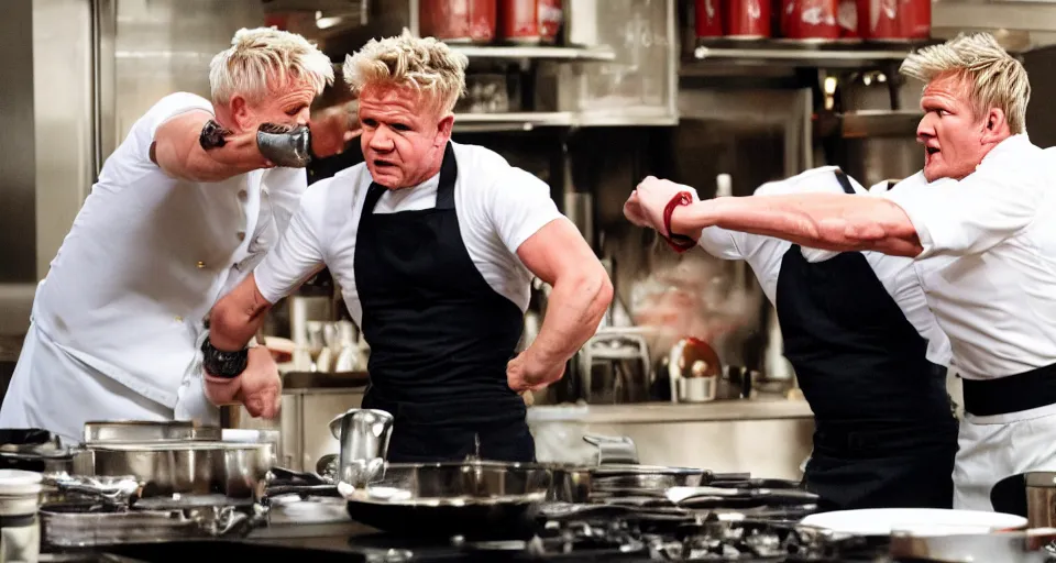 Image similar to photo of angry furious Gordon Ramsay punching Gordon Ramsay at the kitchen