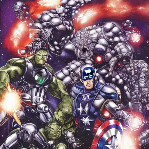 Prompt: The Avengers fighting Thanos by Yoshitaka Amano