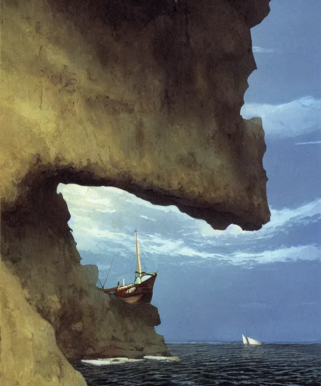 Image similar to photorealistic painting of a 1 9 2 5 seiner sailing near a short tropical cliff with the mouth of a sea cave at the waterline, dark, brooding, atmospheric, lovecraft, horror, smooth, epic, highly detailed, cinematic, by angus mcbride