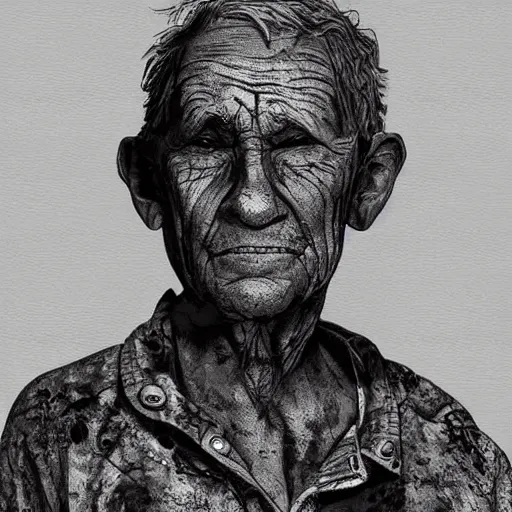 Image similar to detailed half body digital art for a game of a old person wearing ragged and ruined clothes. the background is pure black with a little bit of glow behind the character