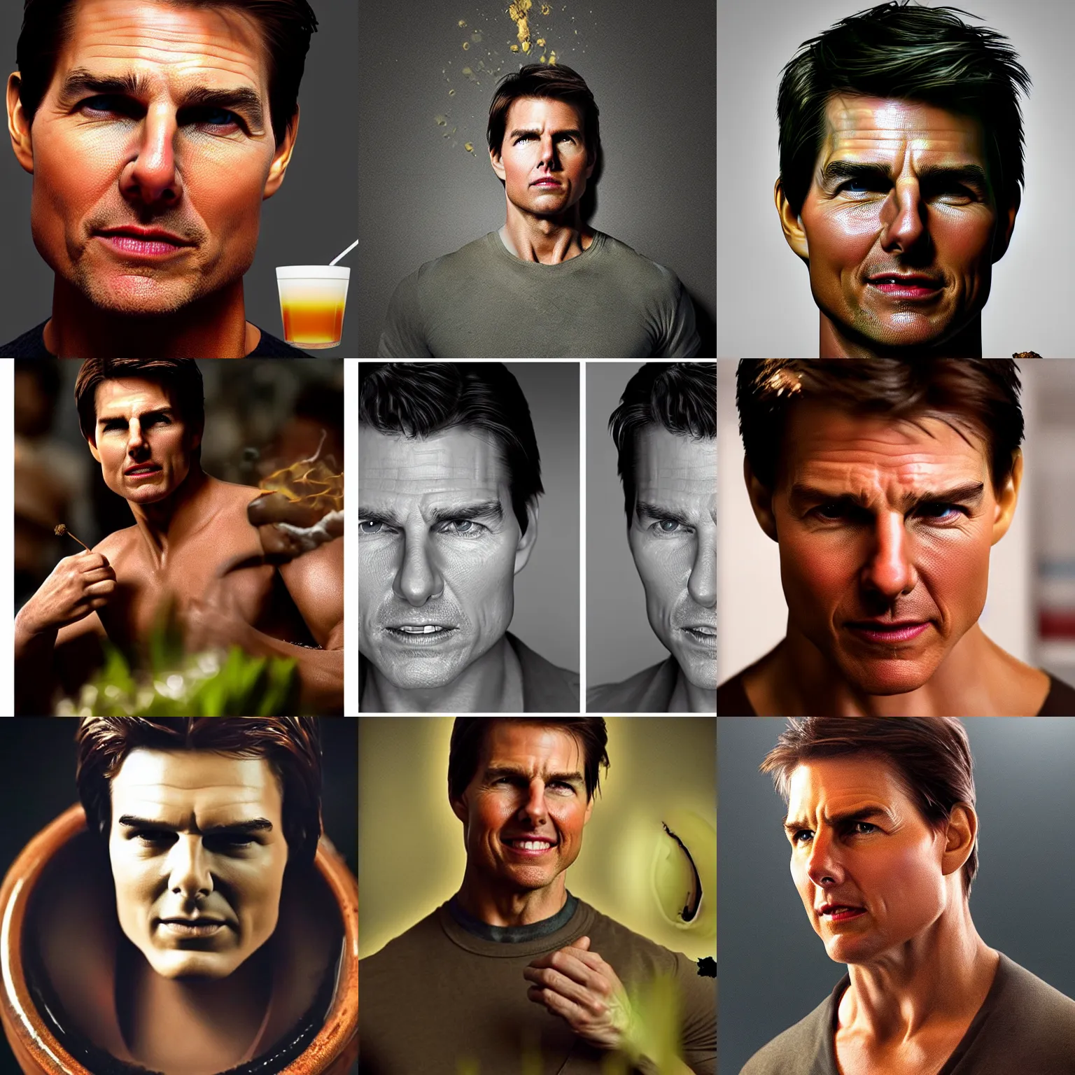 Prompt: Tom Cruise as a god of yerba matte, crown on head with tea leaf, shot from professional camera, ultra realistic, rim light, beatiful ambient lights