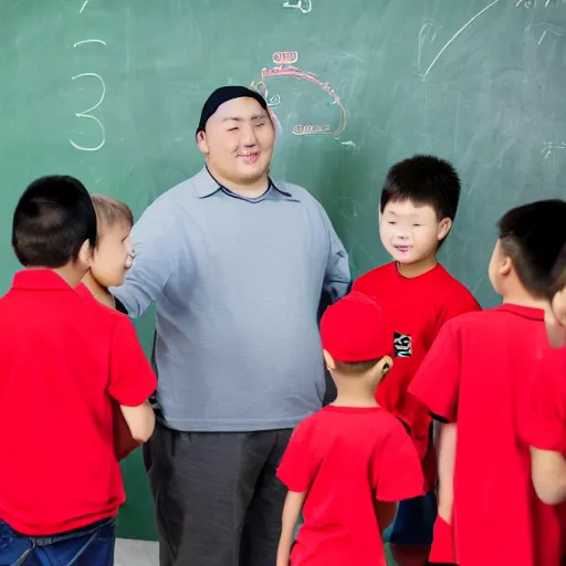 Image similar to fat kazakh guy in a red baseball cap teaching kids in school