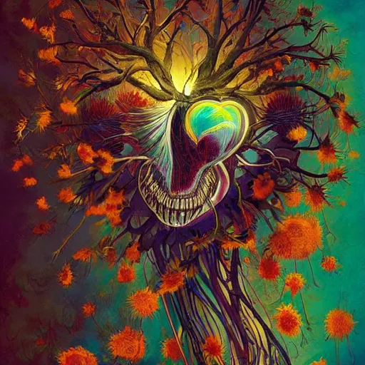 Prompt: a beautiful painting by Anato Finnstark and Victo Ngai of an anatomically correct heart bursting out of an anatomically correct skeletal rib-cage and exploding into rainbows and sunflowers, trending on artstation hq