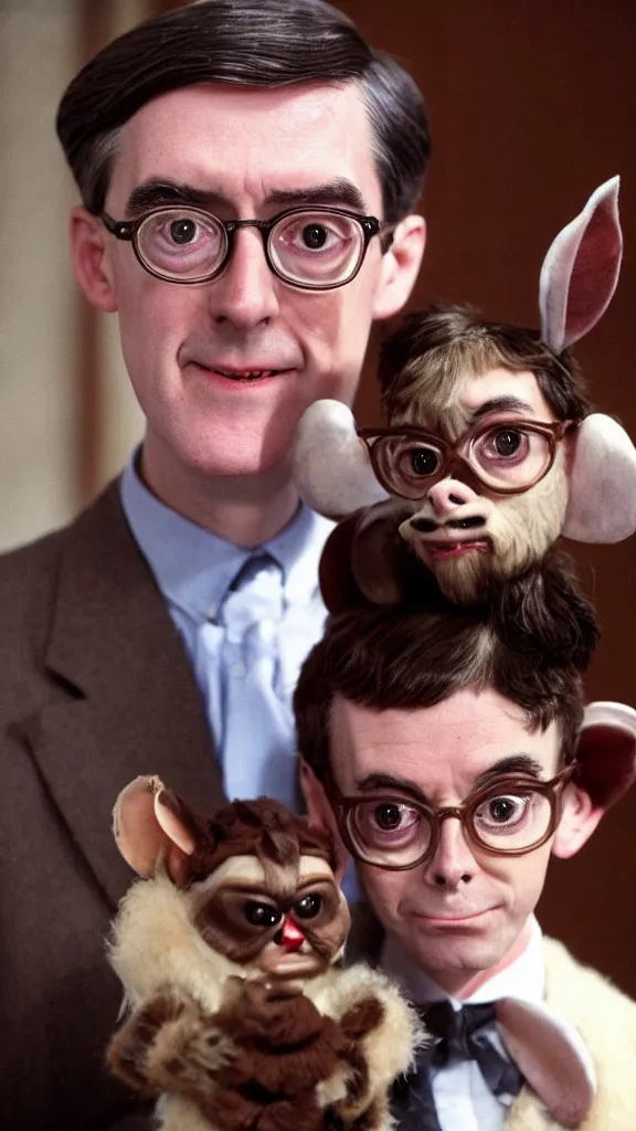 Image similar to jacob rees - mogg with mogwai from the film gremlins