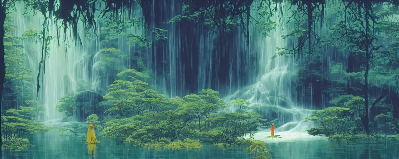 Prompt: deep forest, an old ship in the middle of the forest, rainbow river waterfall, striking composition, huge scale, gentle mists, subtle color variations, highly detailed, a white robed benevolent magician clothed in a royal garment in contemplation meditating upon God, by Eyvind Earle and Mary Blair