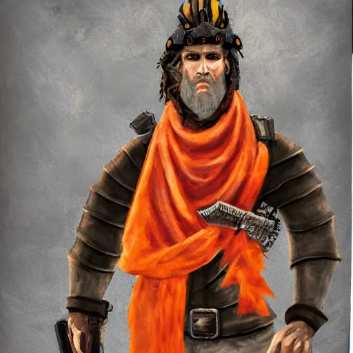 Prompt: a knight wearing an orange bandana scarf and holding a pistol, photorealistic