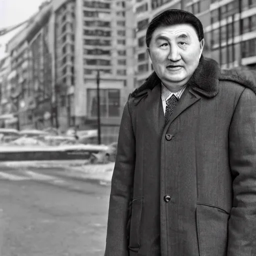 Image similar to a realistic portrait of abai kunanbayev in a modern city