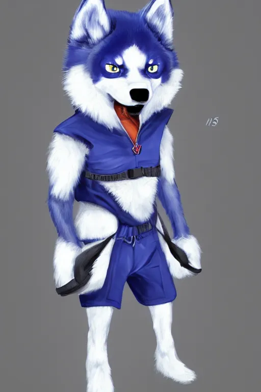 Image similar to a character design of a husky athlete in blue vest, portrait painting, anime, humanoid, anthropomorphic, personify, furry