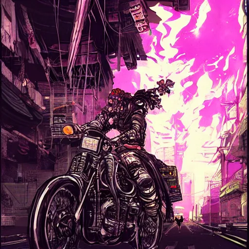 Prompt: portrait painting of a street samurai with long purple hair riding a motorcycle through a burning cyberpunk slum, glitch, concept art, intricate details, eerie, highly detailed, art by tsutomu nihei