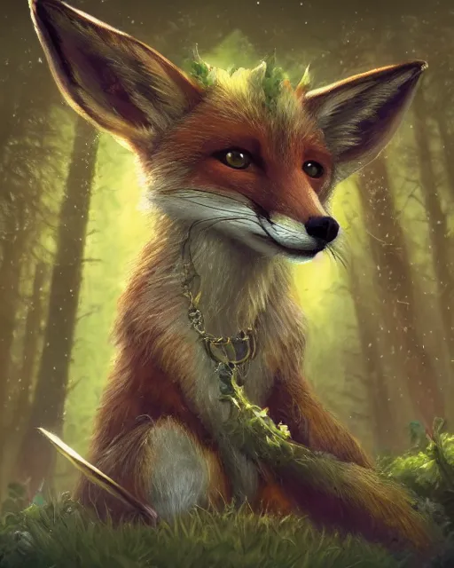 Image similar to Fox, Anthropomorphized, singing in forest, portrait, wearing hat, magical notes, fairy atmosphere, magic the gathering artwork, D&D, fantasy, cinematic lighting, centered, symmetrical, highly detailed, digital painting, artstation, concept art, smooth, sharp focus, illustration, volumetric lighting, epic Composition, 8k, art by Akihiko Yoshida and Greg Rutkowski and Craig Mullins, oil painting, cgsociety