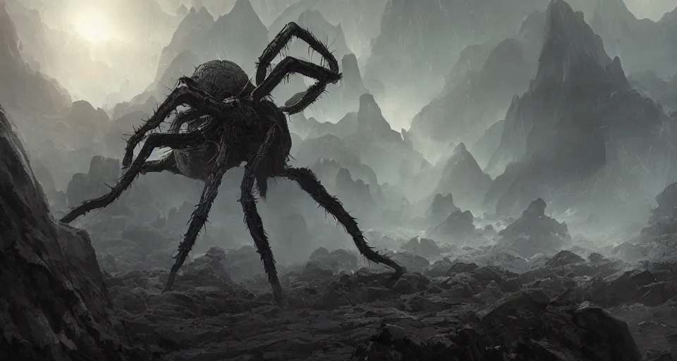 Image similar to a giant eldritch spider monster crawling across a misty mountainous landscape, dramatic lighting, illustration by francois baranger, greg rutkowski, yoji shinkawa, 4 k, digital art, concept art, trending on artstation