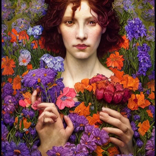 Image similar to queen of flowers, by annie swynnerton and charlie bowater and tino rodriguez and nicholas roerich and jean delville and evelyn de morgan, dramatic lighting, floral tattoos, rich colors, smooth sharp focus, extremely detailed, donato giancola, adolf wolfli