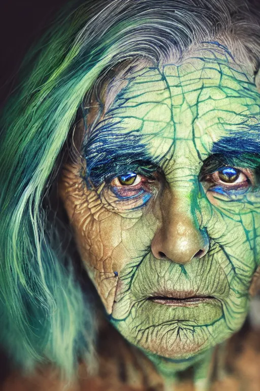 Image similar to portrait of a old person with aquarelle painted skin. close up, very dark blue-green hair, luminous eyes, dark flower pattern wallpaper background, high detail, by Eddie Mendoza