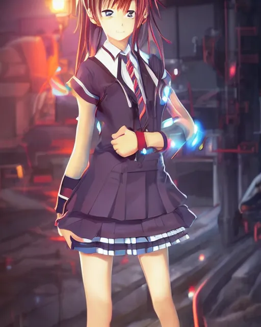 Image similar to full body portrait of anime schoolgirl in mechanic armor in night tokyo by makoto sinkai, perfect face, fine details