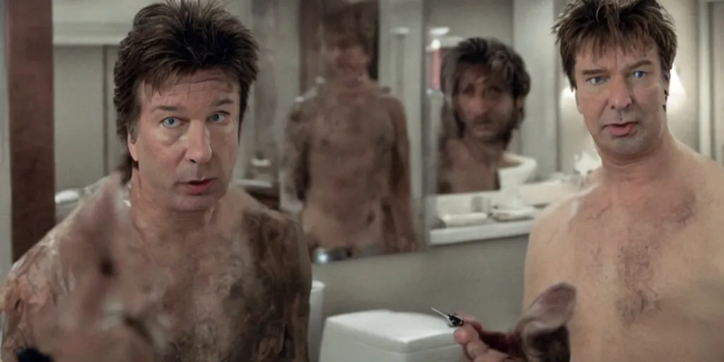 Image similar to ultra wide angle photo of alec baldwin dressed as seth brundle is looking at himself in a bathroom mirror and seeing his reflection as the fly, a mutated insect version of alec baldwin