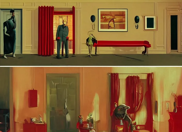 Prompt: a still from home alone by giorgio de chirico, goro fujita, surreal, francis bacon, lucian freud, edward hopper and james jean, greg hildebrandt masterpiece, dark surrealism, grand theft auto video game, a still from the film alien, vibrant red background