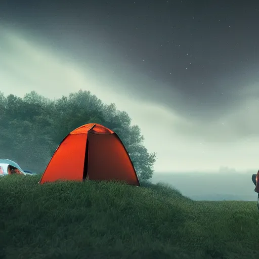 Image similar to photography of highly detailed landscape with two boys camping with nuclear plant in the background 1 9 8 0 s science fiction, moody, misty, depth perception, 4 k, artstation
