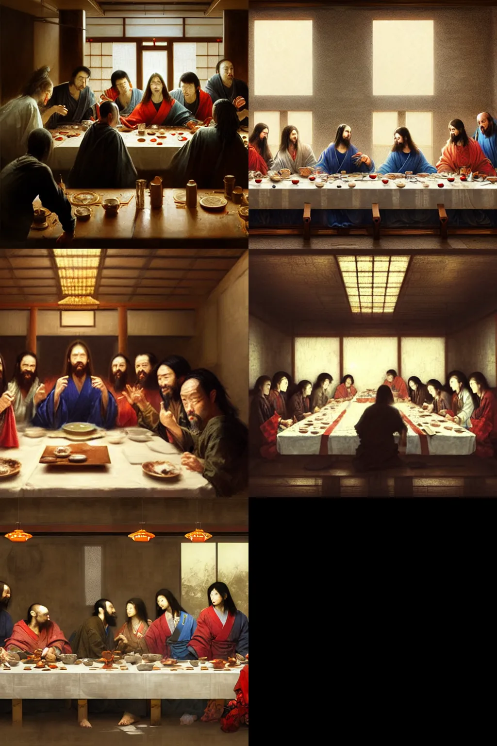 Prompt: the last supper but in a japanese restaurant, intricate, sharp focus, illustration, highly detailed, digital painting, concept art, matte, art by ruan jia and wlop and greg rutkowski, masterpiece,