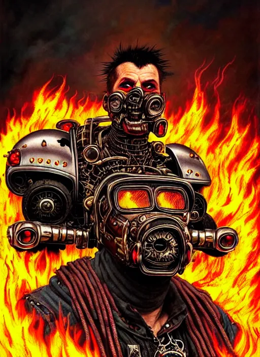 Prompt: portrait of a punk man driving a burning man car, background is on fire, mad max style, warhammer 40000, cyberpunk, intricate, highly detailed, digital painting, artstation, concept art, smooth, sharp focus, illustration, art by Amano and Karol_Bak and artgerm and greg rutkowski and alphonse mucha and Gustav Klimt and Kojima