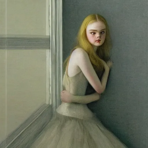 Image similar to Elle Fanning, extremely detailed masterpiece, illustration, by Michael Sowa,