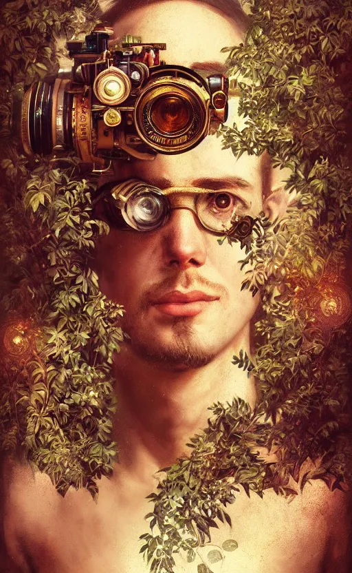 Image similar to hyper realistic male photographer looking through a vintage steampunk medium format camera, design on white background, beautiful details, lush foliage cyberpunk, gold, drawn by john singer sargent, tom bagshaw, norman rockwell, alphonso mucha, lolish, trending on artstation