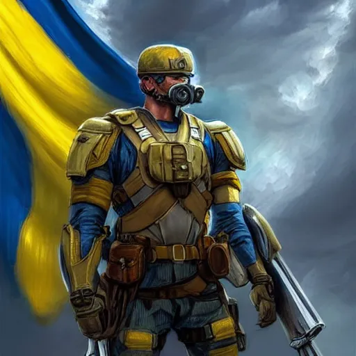 Image similar to a full body shot from distance of a super soldier with a Ukrainian yellow and blue flag standing in the beam of light from the clouds in a triumph after battle, western, masculine figure, D&D, fantasy, intricate, elegant, highly detailed, digital painting, artstation, concept art, matte, sharp focus, symmetrical, illustration, art by Artgerm and Greg Rutkowski and Alphonse Mucha