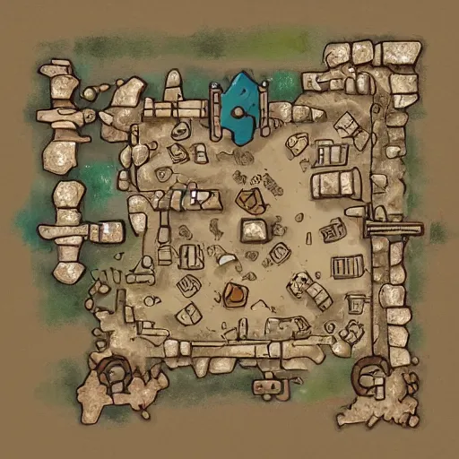 Prompt: an illustrated fantasy map of a small outpost. sand desert. junkyard. d & d. clear design. minimal.