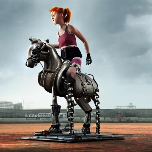 Prompt: A realistic picture of pippi longstocking in the 70’s as a cyborg robot sitting on a metal robot horse, hyper real, highly detailed