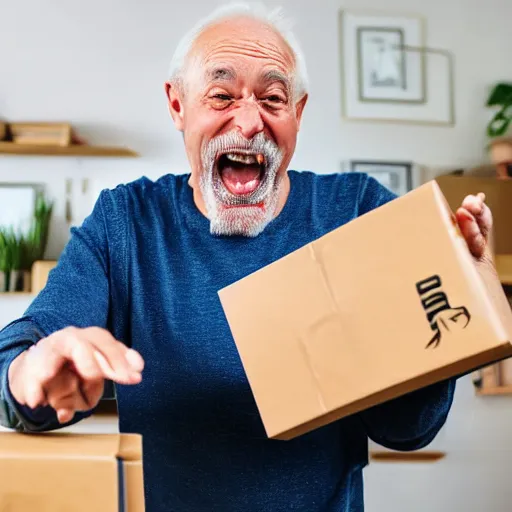 Prompt: an excited old man opening an amazon package full of diamonds