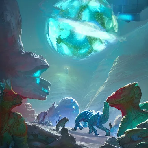 Image similar to Astronauts are having a party with green aliens and some dinosaurs on a blue comet and a red dwarf is as background, by Jordan Grimmer digital art, trending on Artstation,