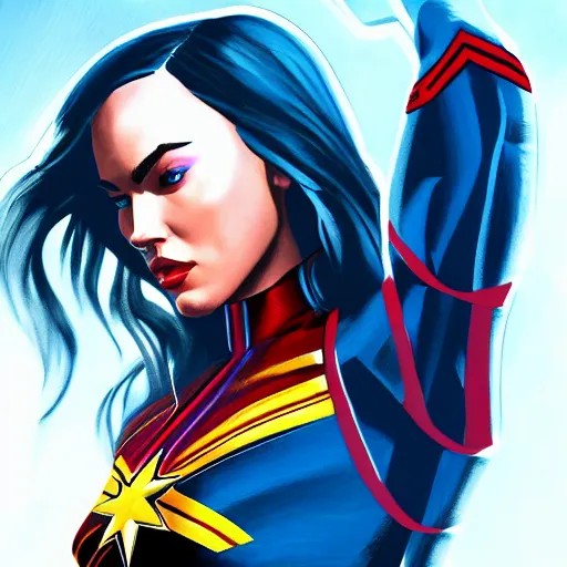 Prompt: Megan Fox as Captain Marvel, digital art, artstation