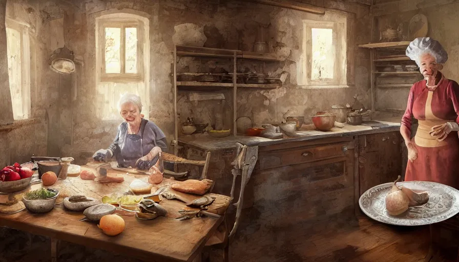 Image similar to old polish lady cooking in an old kitchen, old 1 8 0 0's house, pan and plates, fruits and legumes, old wooden tables and chairs, hyperdetailed, artstation, cgsociety, 8 k