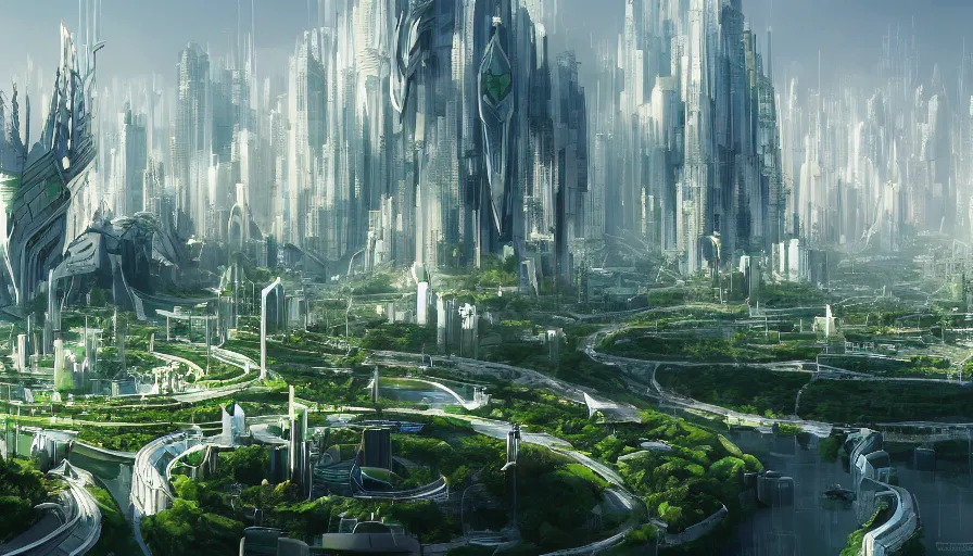 Prompt: Futuristic city with a big green lake and a huge statue in the center and bright white buildings all around, hyperdetailed, artstation, cgsociety, 8k