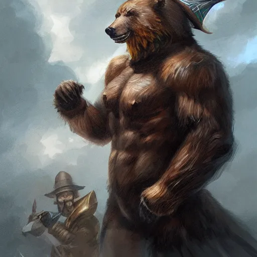 Image similar to dashing charming grinning charismatic bear beast-man rogue, wearing captain's tricorne hat, naval background, amazing, lifelike award winning pencil illustration trending on art station artgerm Greg rutkowski cinematic