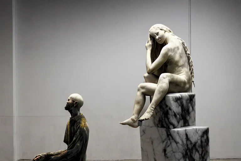 Image similar to a sculpture of a person sitting on top of a chair, a marble sculpture by nicola samori, behance, neo - expressionism, marble sculpture, apocalypse art, made of mist