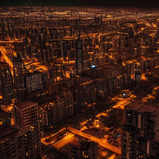 Image similar to aerial shot of the impressive dystopian cyberpunk city at night during amazing storm, nightscape, futuristic architecture, realistic photo, neons