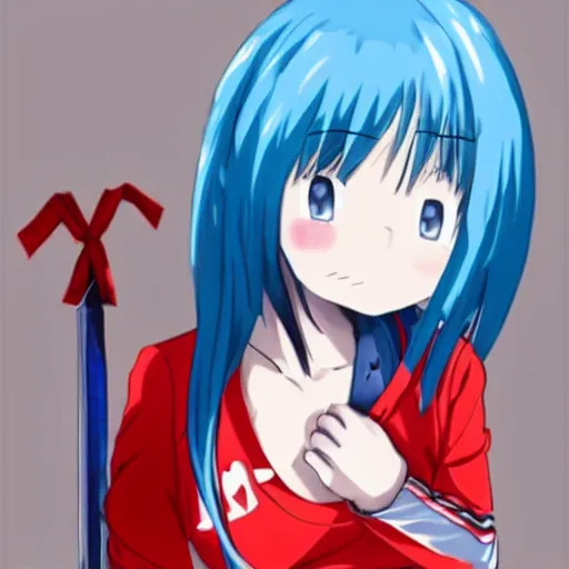 Prompt: anime girl with fark blue hair with a red streak, she is smiling, confident, wearing a school uniform, you can see her belly the top has anime demon eyes, she wear sneakers and she is holding a giant iron red half scissor